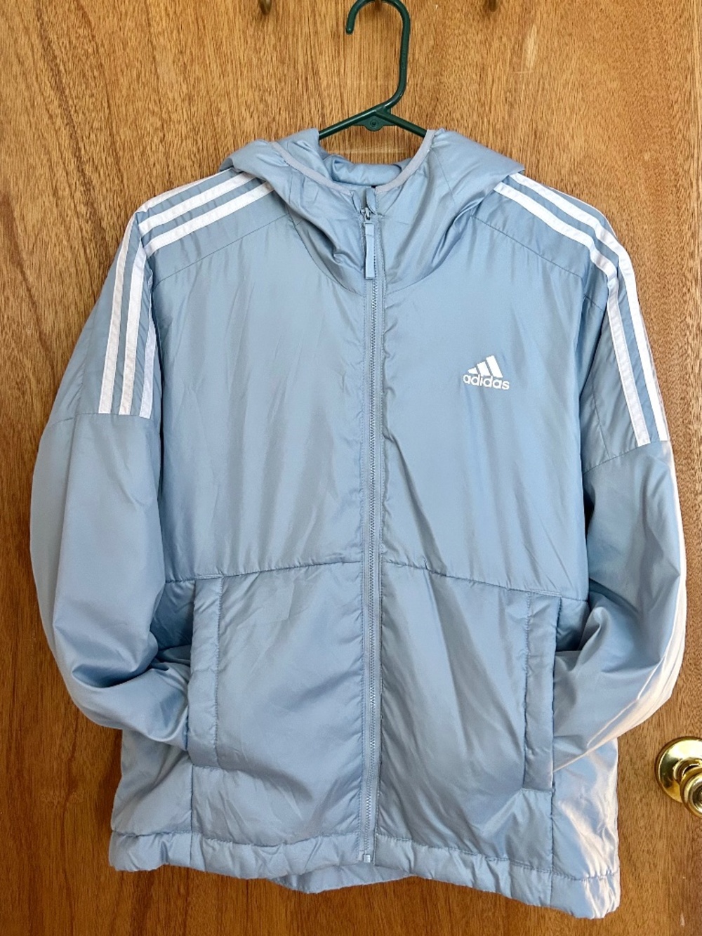 Adidas Blue and White Hooded Puffer Jacket/Windbreaker